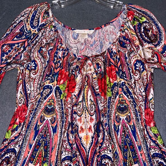 Boston Proper‎ Womens Mirror Print Knit Blouse Tie at Neck Bell Sleeve Small - Picture 7 of 8